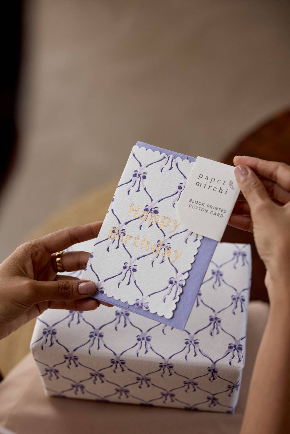 'Happy Birthday' Block Printed Greeting Card | Bows Violet Meringue