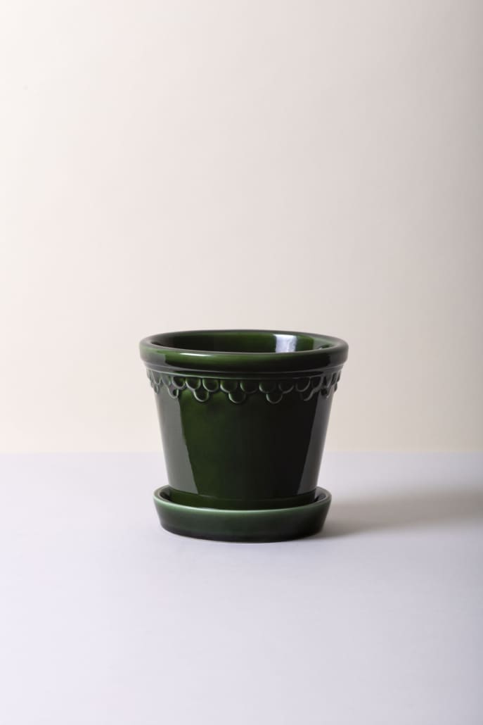 Bergs Potter Copenhagen Glazed Emerald Green Pot and Saucer Set