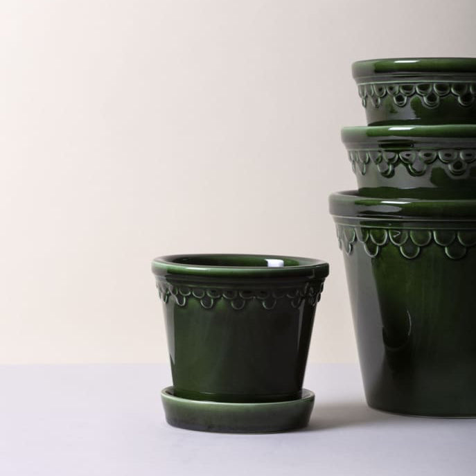 Bergs Potter Copenhagen Glazed Emerald Green Pot and Saucer Set